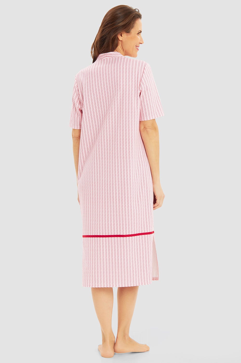 Rückansicht von Nachthemd Kurzarm mit Muster in Flecht-Optik in Rot 100% Baumwolle