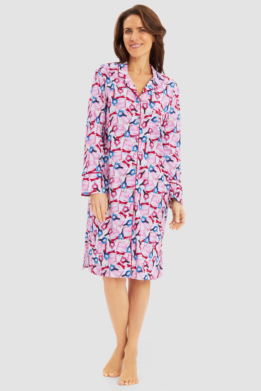 Frontalbild von Nachthemd im Parfümflacon-Druck Herrenhemd-Style verspielt Baumwolle/Modal