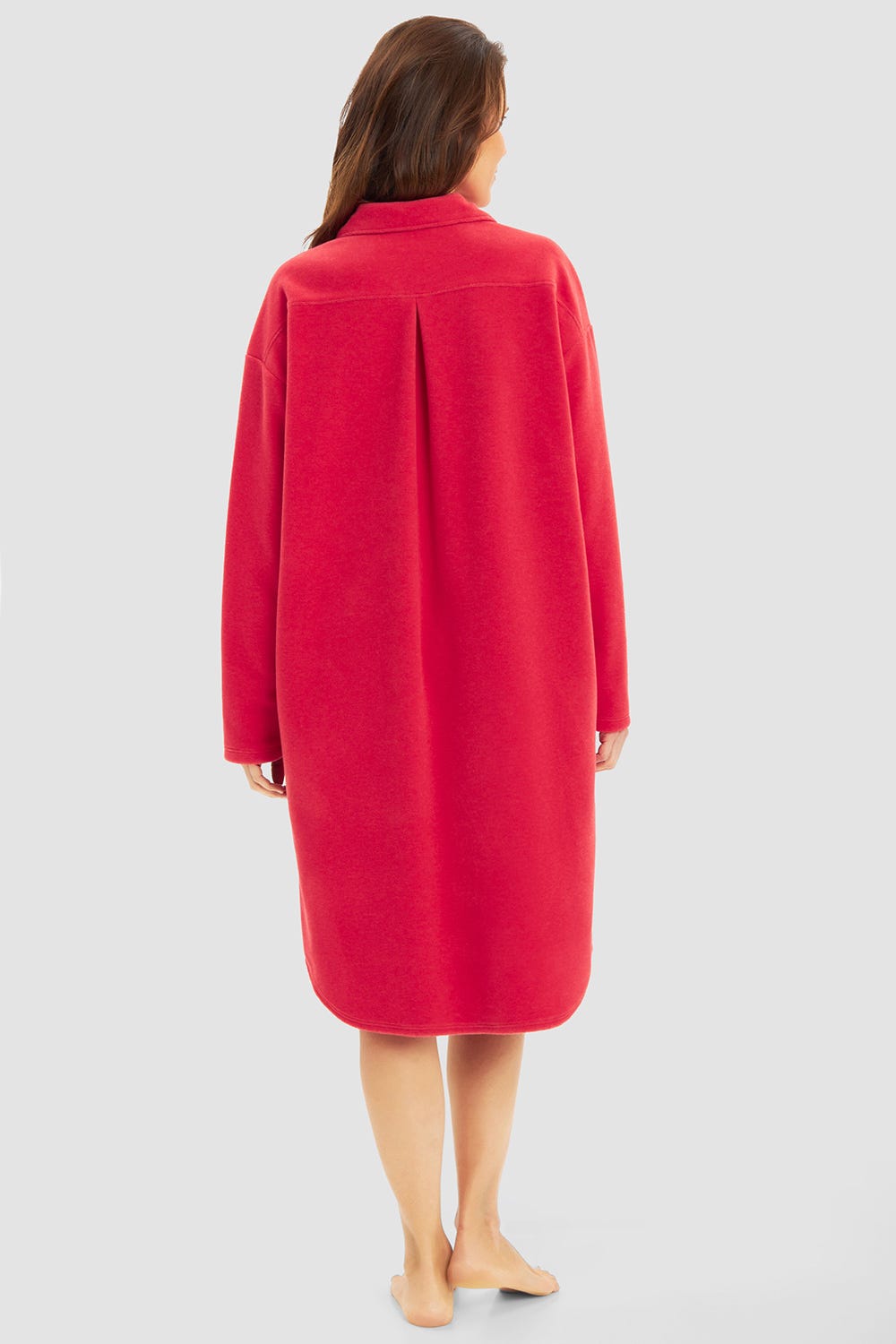 Rückansicht von Hauskleid aus kuscheligem Fleece in Rot
