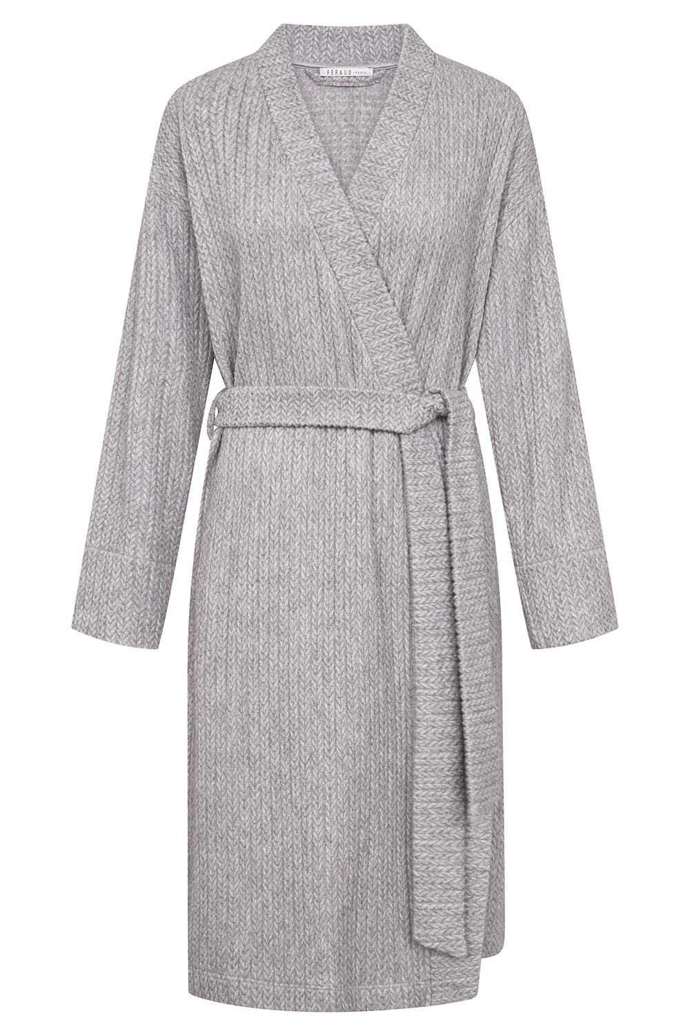 Hollowbild von Morgenmantel aus geflochtenem Strick in Grau Materialmix