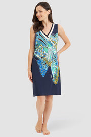 Frontalbild von Strandkleid Ärmellos mit Schmetterlings-Druck Blau-Türkis Viskose/Elasthan