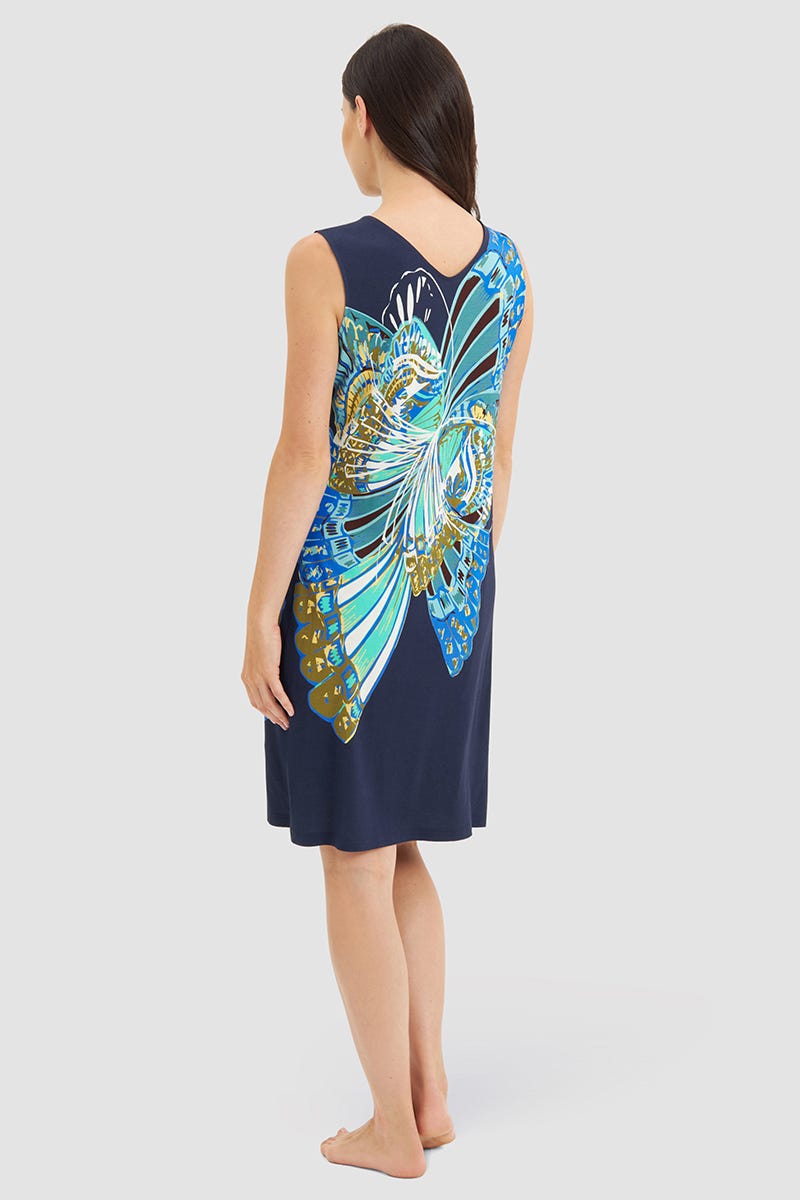 Rückansicht von Strandkleid Ärmellos mit Schmetterlings-Druck Blau-Türkis Viskose/Elasthan