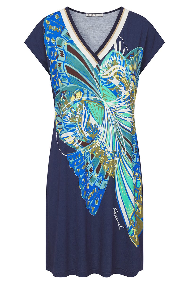Hollowbild von Strandkleid Kurzarm mit Schmetterlings-Druck Blau-Türkis Viskose/Elasthan