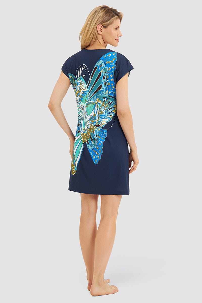 Rückansicht von Strandkleid Kurzarm mit Schmetterlings-Druck Blau-Türkis Viskose/Elasthan