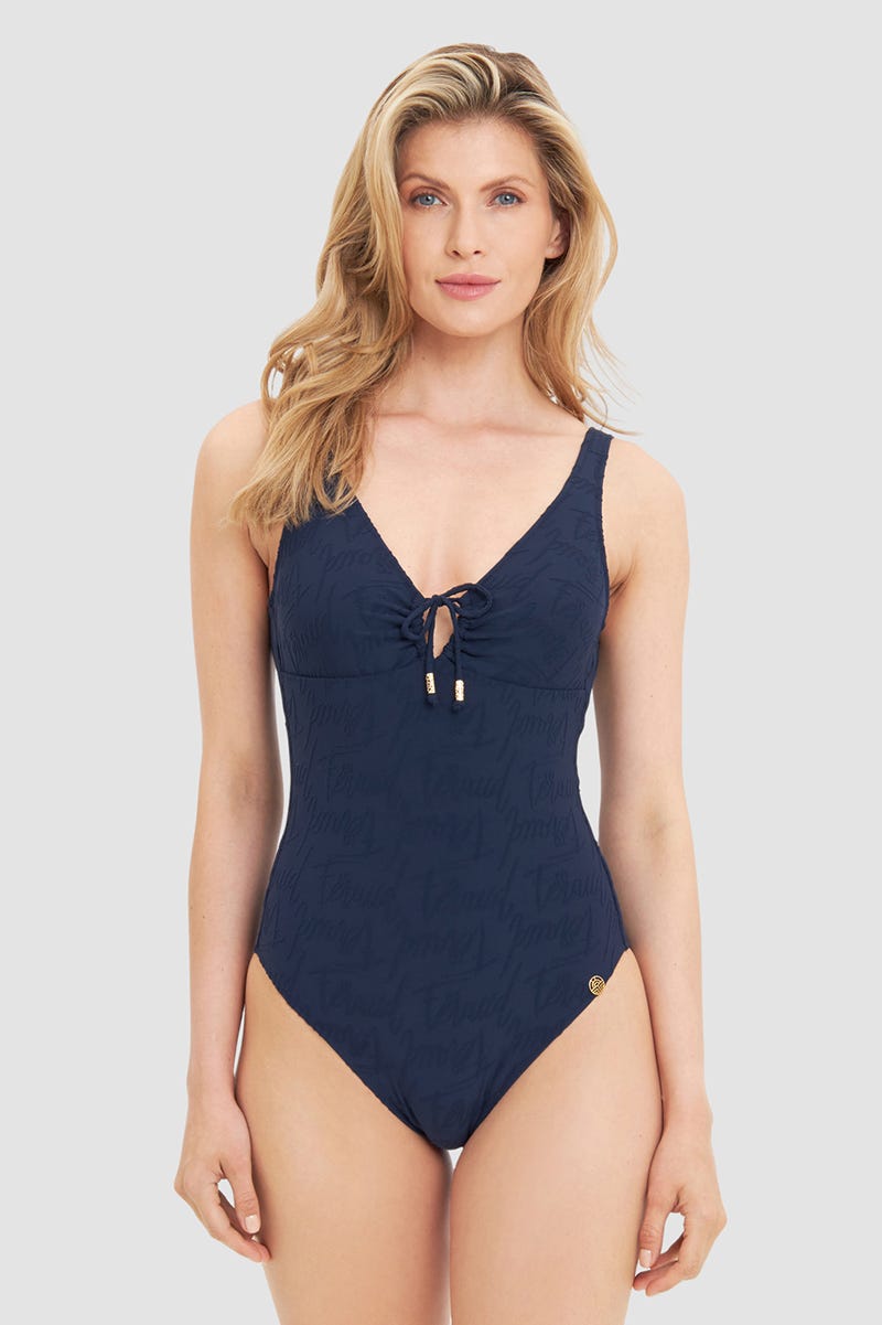 Frontalbild von Badeanzug mit dezentem Logo-Print Navyblau 