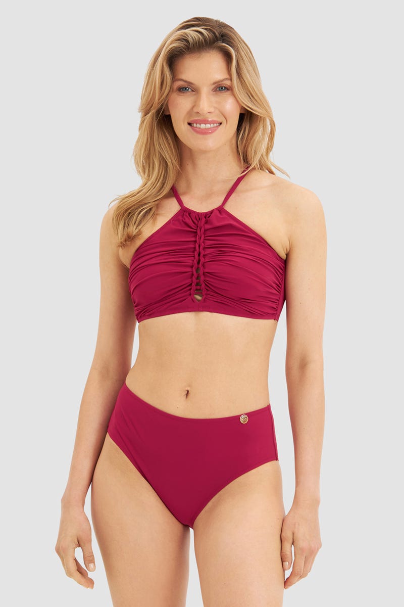 Frontalbild von Bikini mit eleganten Flecht-Details Bordeaux-Rot