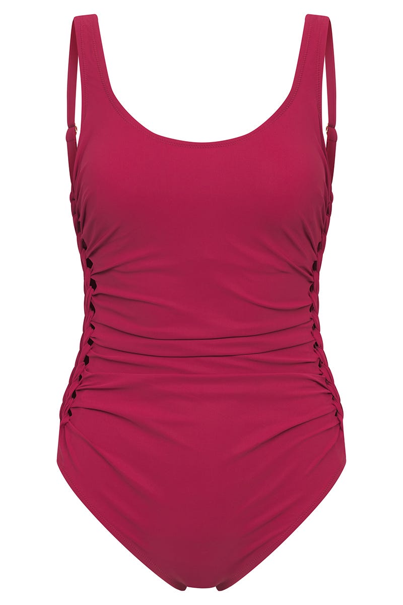 Hollowbild von Badeanzug mit eleganten Flecht-Details Bordeaux-Rot