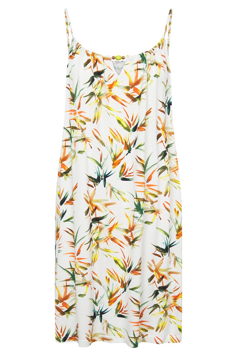 Hollowbild von Strandkleid Ärmellos im sommerlichen Blätter-Druck Viskose/Elasthan
