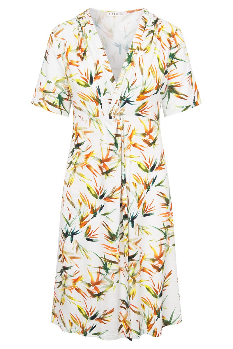 Hollowbild von Strandkleid Kurzarm im sommerlichen Blätter-Druck Viskose/Elasthan