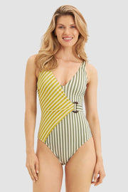 Frontalbild von Badeanzug im zweifarbigen Streifen-Druck Grün