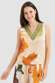 Frontalbild von Top im Blumen-Druck Wasserfarben Webware Viskose/Leinen