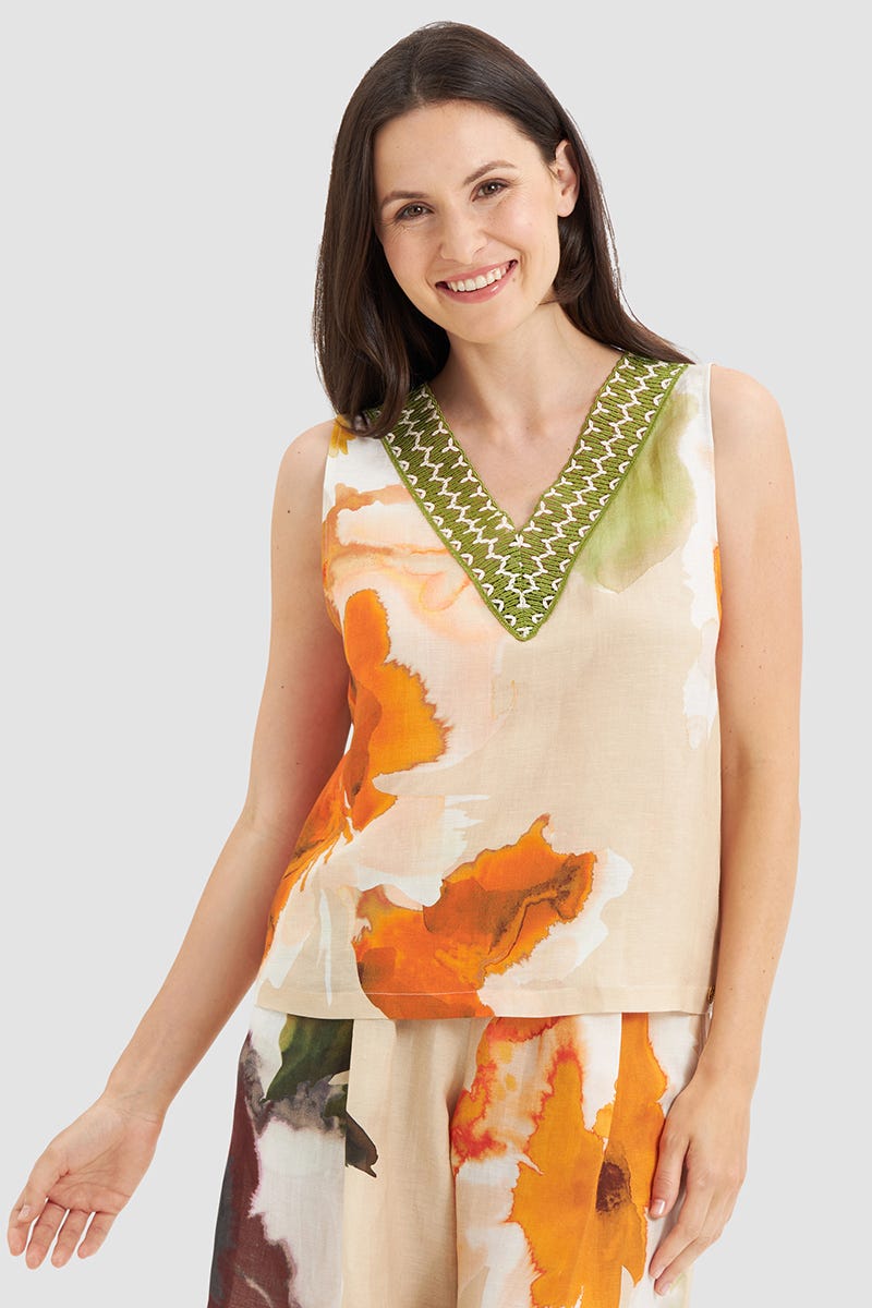 Frontalbild von Top im Blumen-Druck Wasserfarben Webware Viskose/Leinen