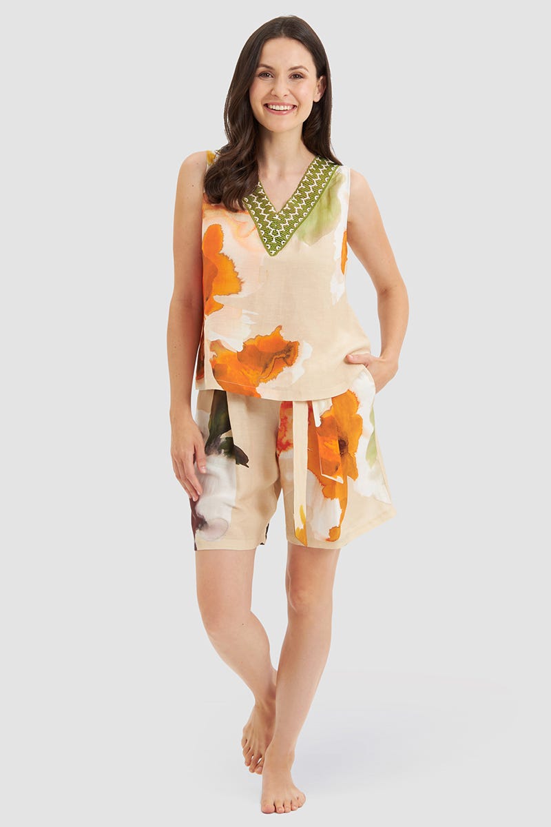 Detailbild 1 von Bermuda im Blumen-Druck Wasserfarben Webware Viskose/Leinen