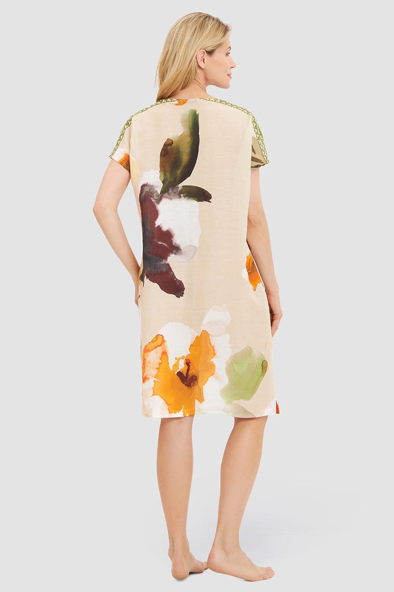 Rückansicht von Strandkleid im Blumen-Druck Wasserfarben Webware Viskose/Leinen