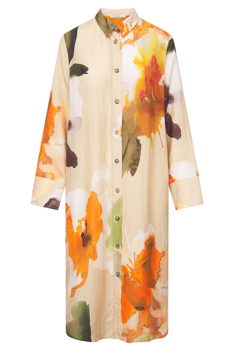 Hollowbild von Strandkleid im Blumen-Druck Wasserfarben Herrenhemdstil Webware Viskose/Leinen