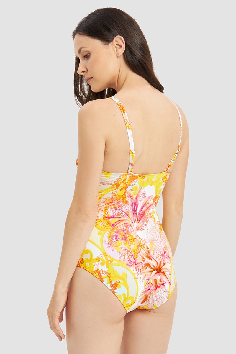 Rückansicht von Bandeau-Badeanzug im sommerlichen Blumen-Druck