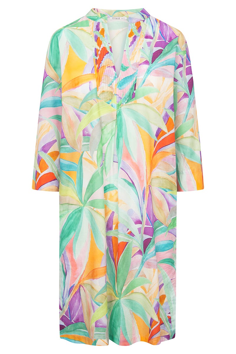 Hollowbild von Strandkleid im farbenfrohen Palmen-Druck aus Webware 100% Baumwolle