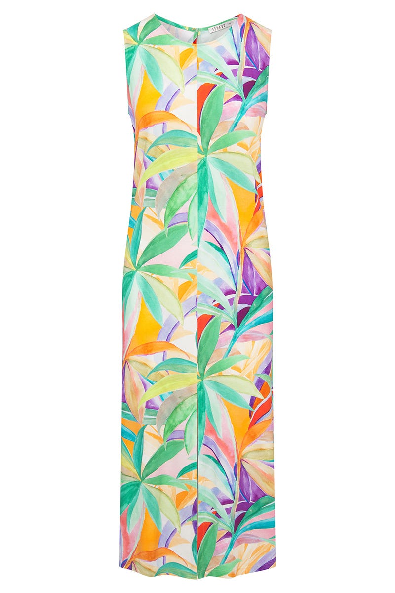 Hollowbild von Strandkleid im farbenfrohen Palmen-Druck Maxi-Länge Viskose/Elasthan