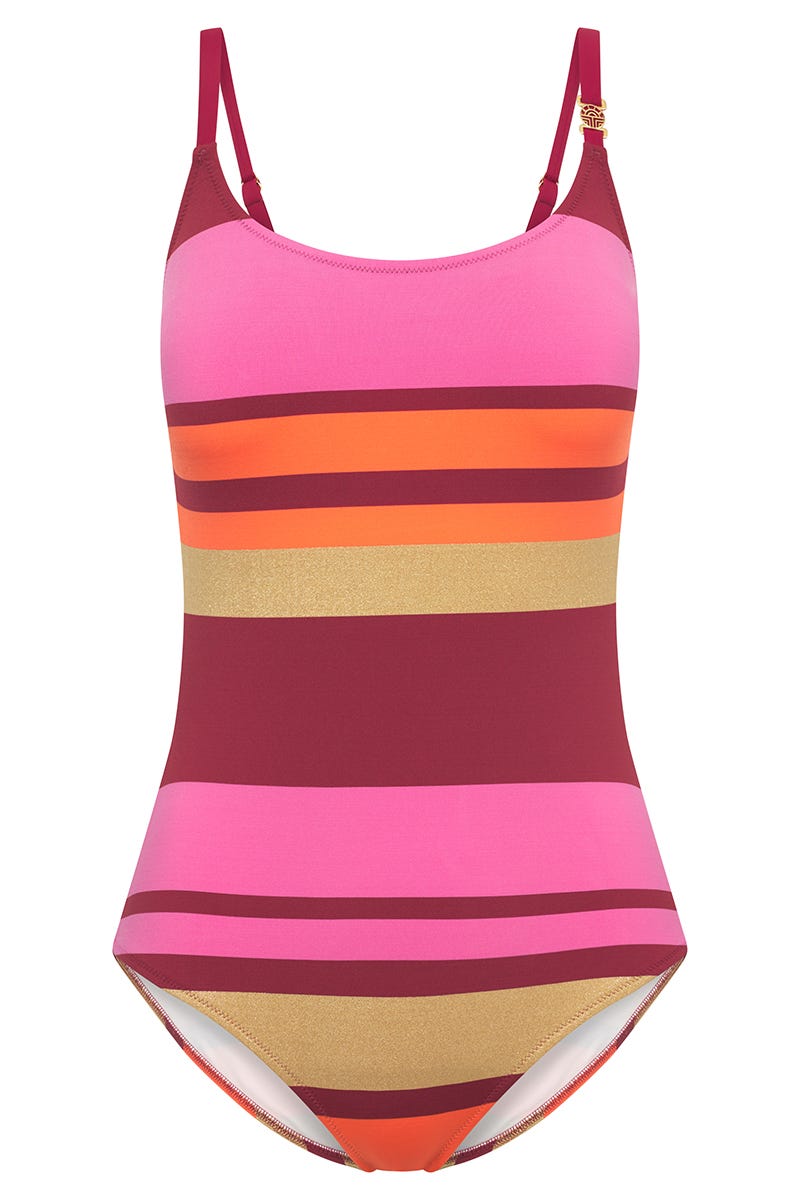 Hollowbild von Badeanzug im farbenfrohen Streifenprint aus Glanzware