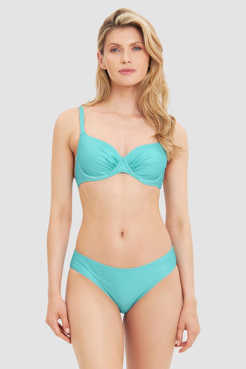 Frontalbild von Bikini aus Strukturware Türkis mit Glanznähten