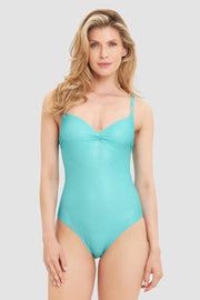 Frontalbild von Badeanzug aus Strukturware Türkis mit Glanznähten